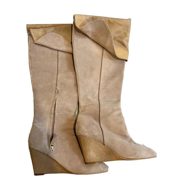 Zara Beige Suede Leather Wedge Tall Boot Women's 40 Heeled Fold Over Zipped - Picture 1 of 10